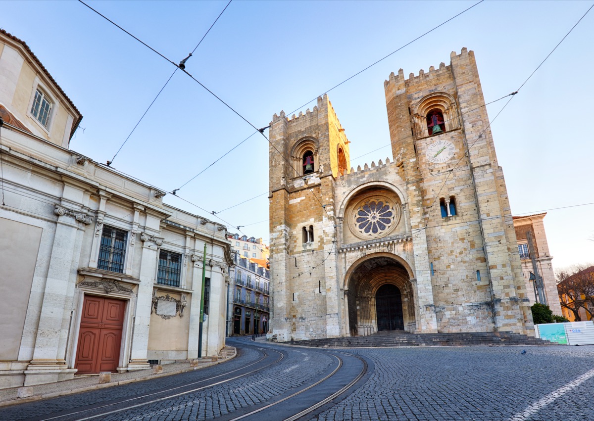 Sé de Lisboa cathedral with tram tracks in front